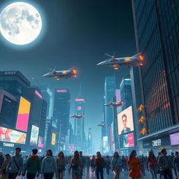 A futuristic city skyline under the night sky, illuminated by neon lights reflecting off glass buildings, with flying cars soaring between skyscrapers
