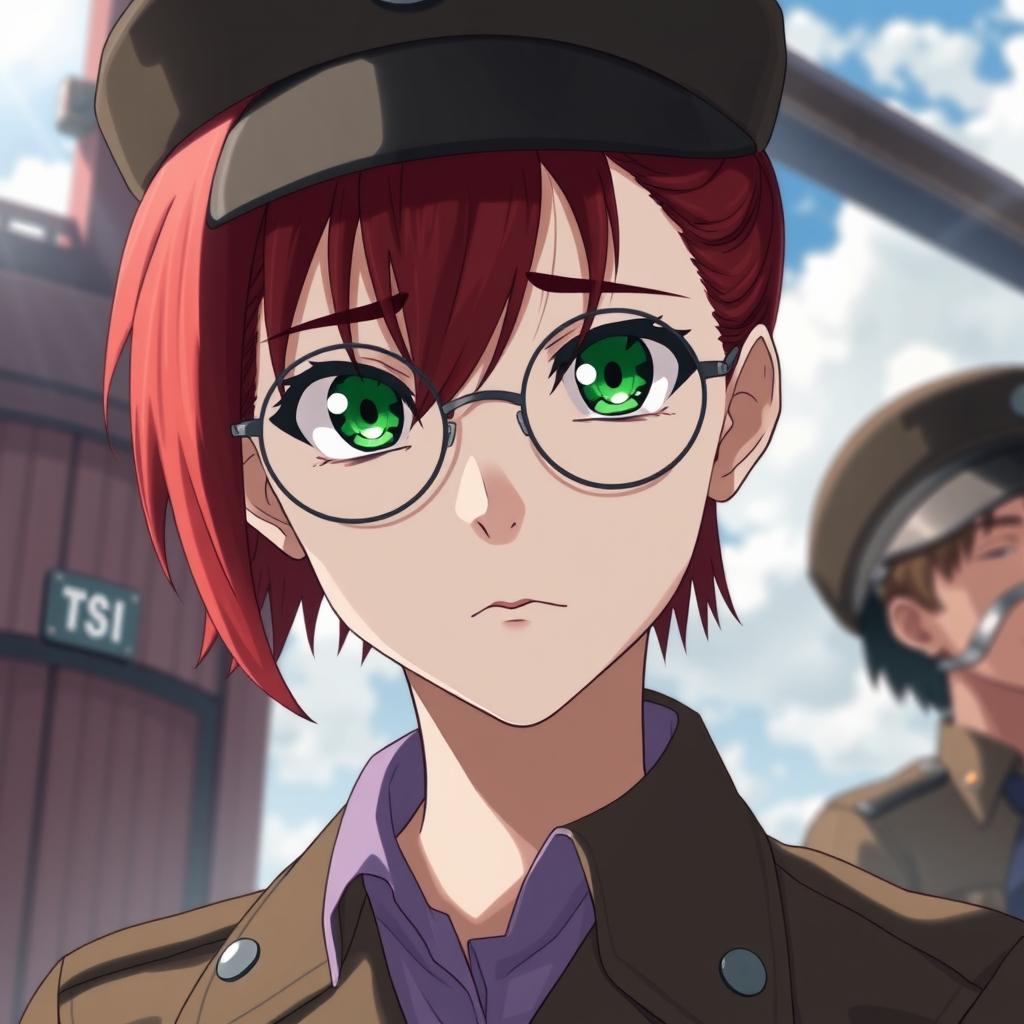A beautifully crafted scene in the style of Wit Studio from 'Attack on Titan', featuring a girl with short, vibrant red hair and striking green, hungover eyes