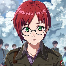 A beautifully crafted scene in the style of Wit Studio from 'Attack on Titan', featuring a girl with short, vibrant red hair and striking green, hungover eyes