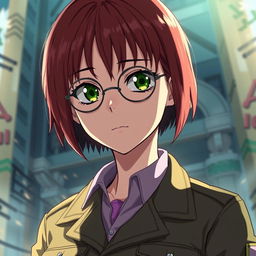 A beautifully crafted scene in the style of Wit Studio from 'Attack on Titan', featuring a girl with short, vibrant red hair and striking green, hungover eyes