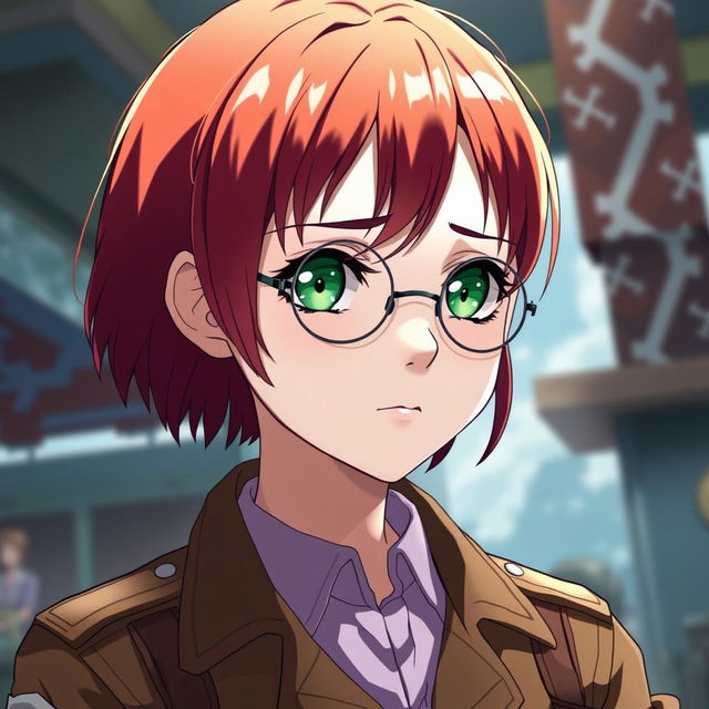 A beautifully crafted scene in the style of Wit Studio from 'Attack on Titan', featuring a girl with short, vibrant red hair and striking green, hungover eyes