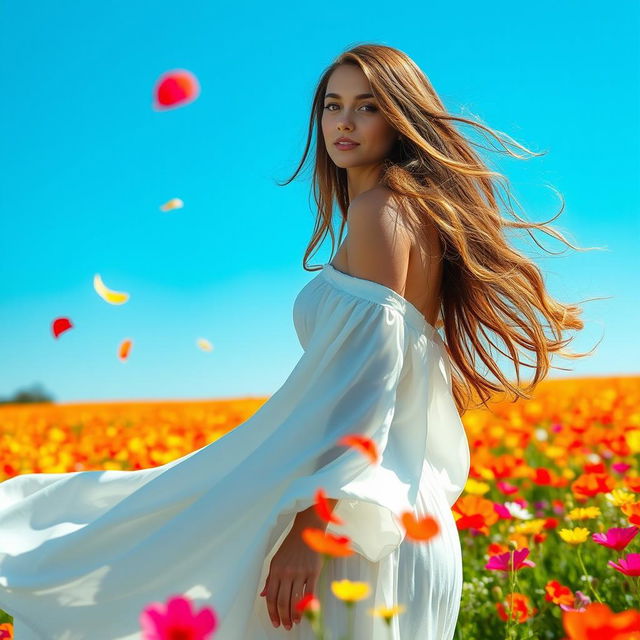 A beautiful woman with long flowing hair, standing in a bright, vibrant field of colorful flowers under a clear blue sky