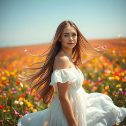 A beautiful woman with long flowing hair, standing in a bright, vibrant field of colorful flowers under a clear blue sky