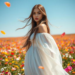 A beautiful woman with long flowing hair, standing in a bright, vibrant field of colorful flowers under a clear blue sky