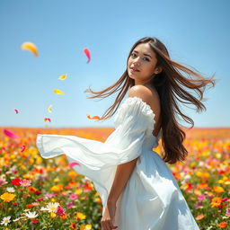 A beautiful woman with long flowing hair, standing in a bright, vibrant field of colorful flowers under a clear blue sky