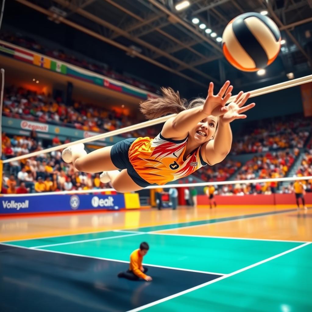 A dynamic volleyball wallpaper featuring a libero in action, diving to make an impressive save