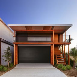 A three story 100ft x 30ft building with an aesthetically pleasing design, featuring a garage on the right side. Inside the garage, a staircase leads to the upper floors.