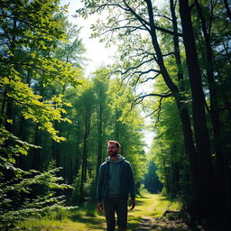 A serene scene of a man walking peacefully through a lush green forest