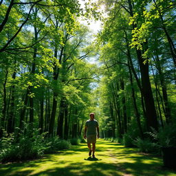 A serene scene of a man walking peacefully through a lush green forest