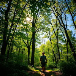 A serene scene of a man walking peacefully through a lush green forest