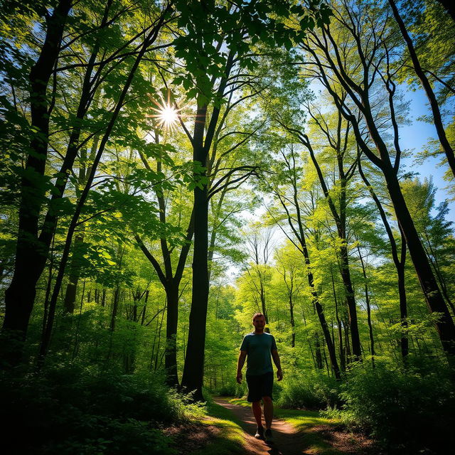 A serene scene of a man walking peacefully through a lush green forest