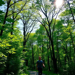 A serene scene of a man walking peacefully through a lush green forest