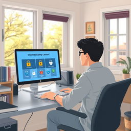 An individual sitting in front of a computer, engaged in an online safety lesson about protecting oneself on the internet