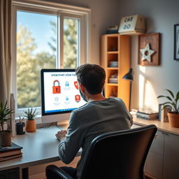 An individual sitting in front of a computer, engaged in an online safety lesson about protecting oneself on the internet