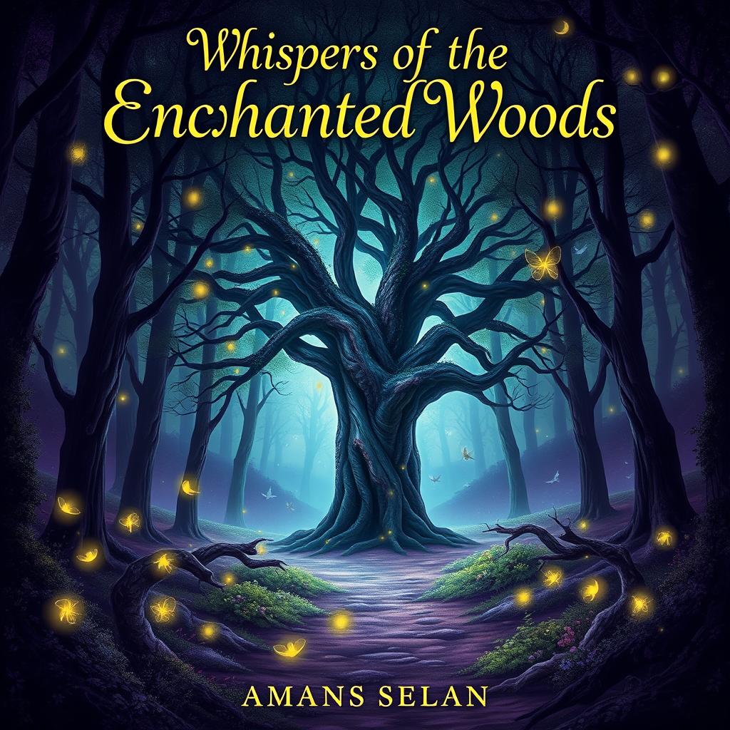 A striking and captivating book cover design featuring a mystical forest at twilight, with glowing fireflies illuminating the path, and an ancient oak tree in the center