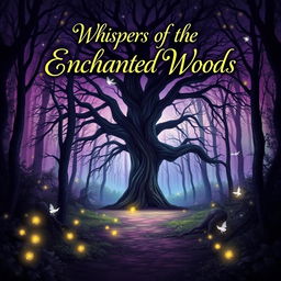 A striking and captivating book cover design featuring a mystical forest at twilight, with glowing fireflies illuminating the path, and an ancient oak tree in the center