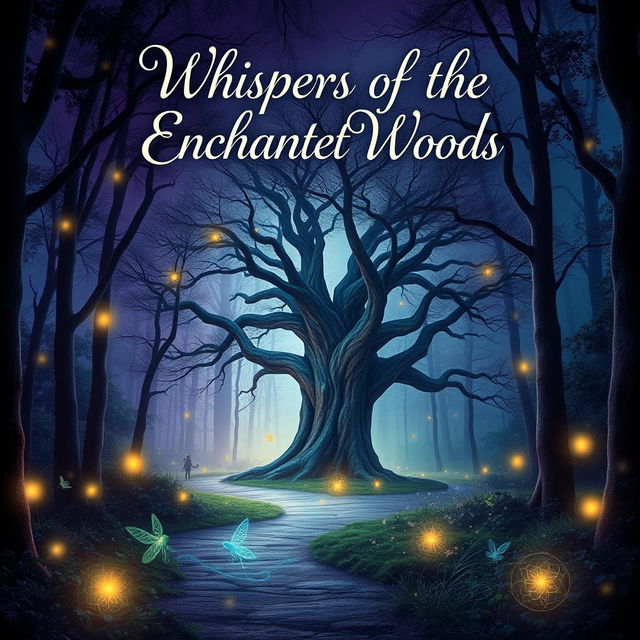 A striking and captivating book cover design featuring a mystical forest at twilight, with glowing fireflies illuminating the path, and an ancient oak tree in the center