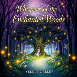 A striking and captivating book cover design featuring a mystical forest at twilight, with glowing fireflies illuminating the path, and an ancient oak tree in the center
