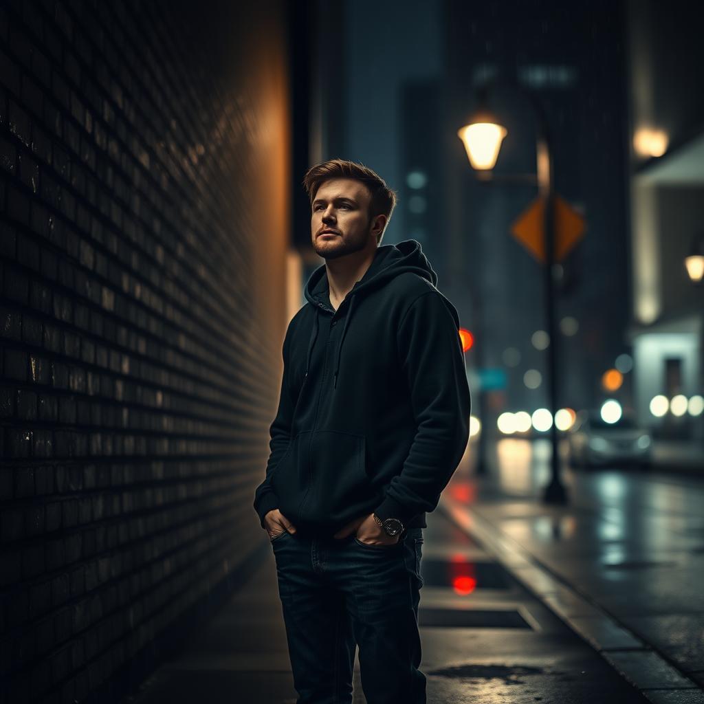 A solitary man standing in a dimly lit urban alley at night, looking thoughtful and introspective