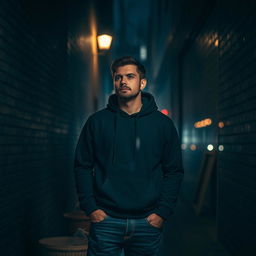 A solitary man standing in a dimly lit urban alley at night, looking thoughtful and introspective