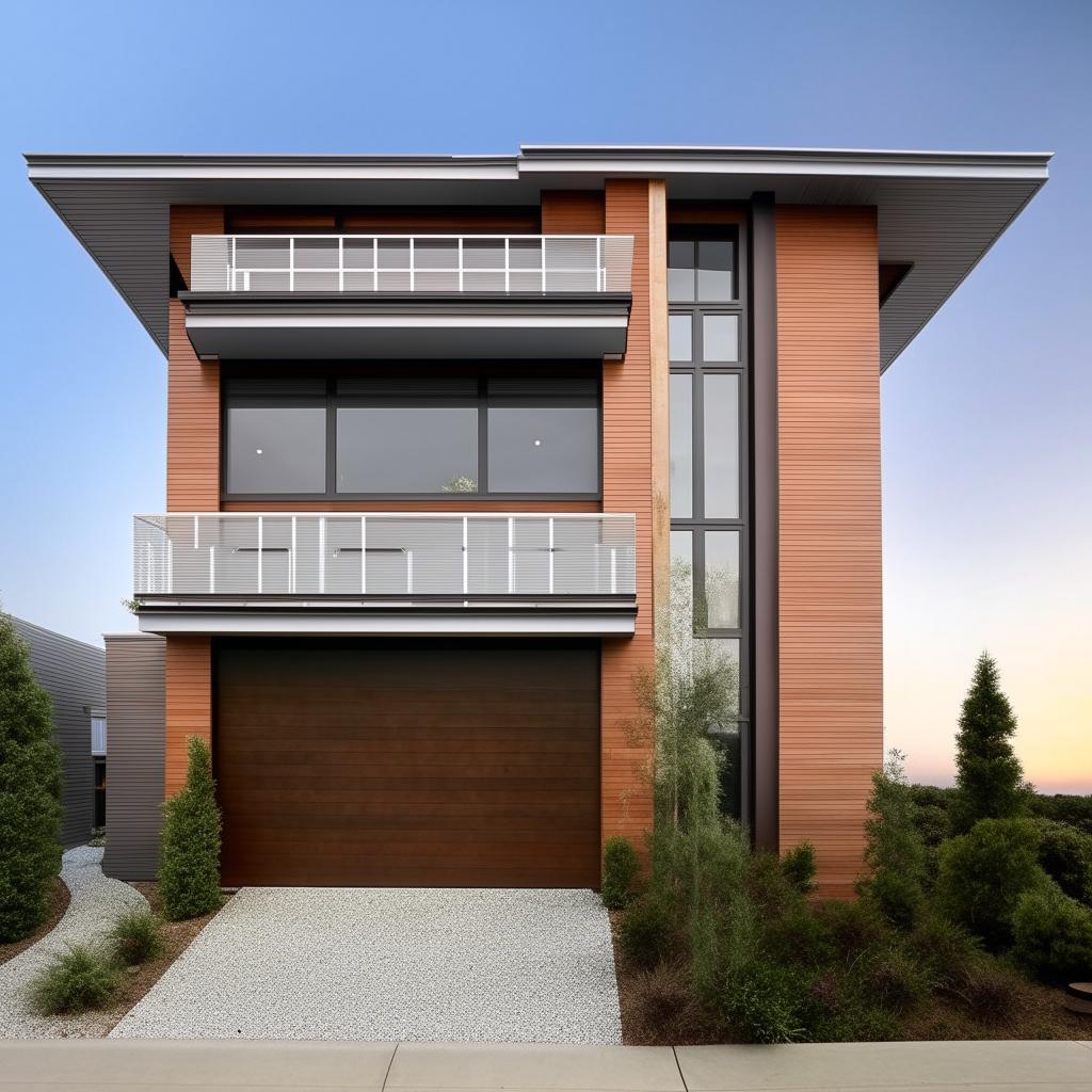 A three story 100ft x 30ft building with an aesthetically pleasing design, featuring a garage on the right side. Inside the garage, a staircase leads to the upper floors.