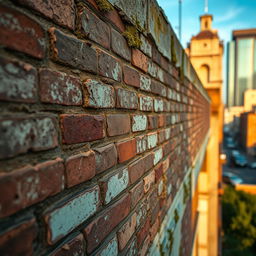 A close-up, highly detailed view of a building texture, showcasing intricate patterns of weathered brick, peeling paint, and aged concrete, with a natural patina of rust and moss