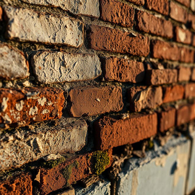 A close-up, highly detailed view of a building texture, showcasing intricate patterns of weathered brick, peeling paint, and aged concrete, with a natural patina of rust and moss