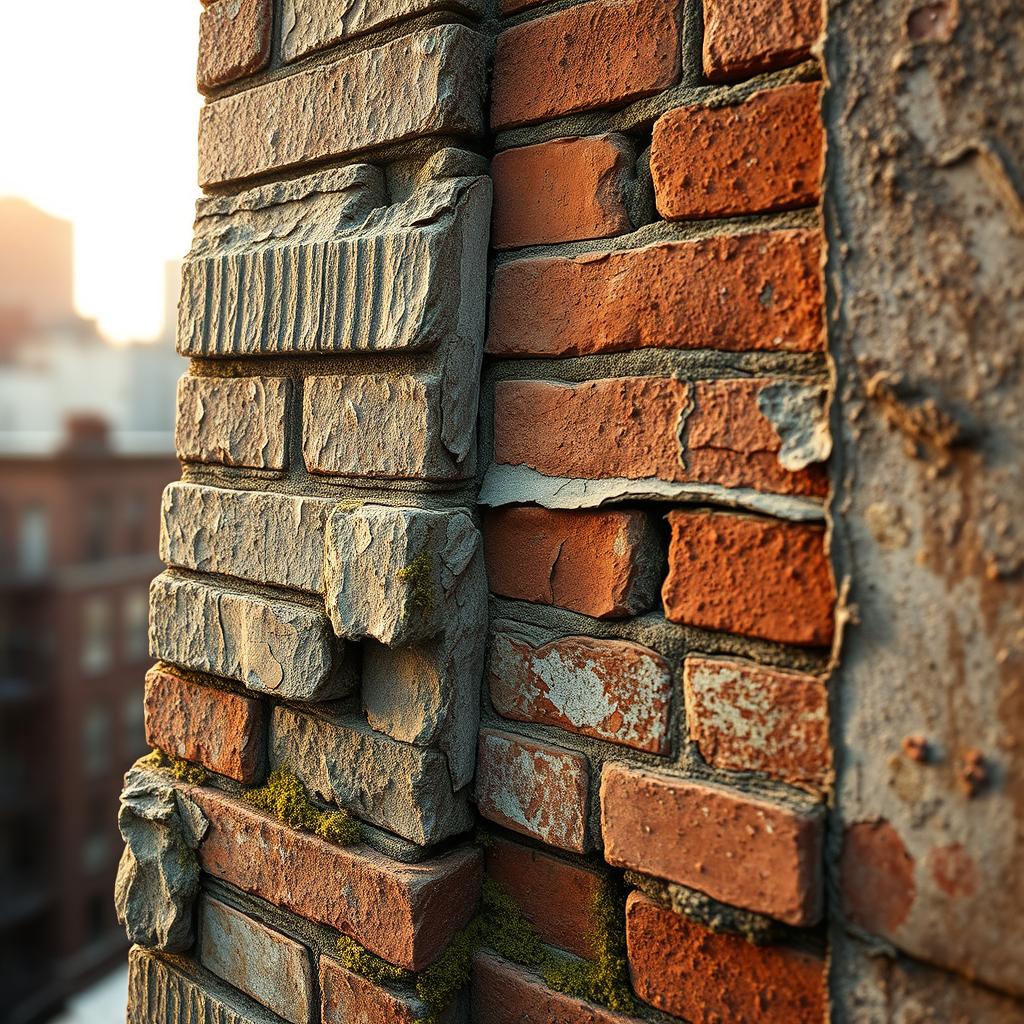 A close-up, highly detailed view of a building texture, showcasing intricate patterns of weathered brick, peeling paint, and aged concrete, with a natural patina of rust and moss