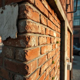 A close-up, highly detailed view of a building texture, showcasing intricate patterns of weathered brick, peeling paint, and aged concrete, with a natural patina of rust and moss