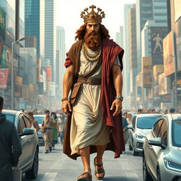 Cyrus the Great in a modern, bustling urban environment, dressed in contemporary clothing with elements of his historical attire, such as a cloak and a regal crown