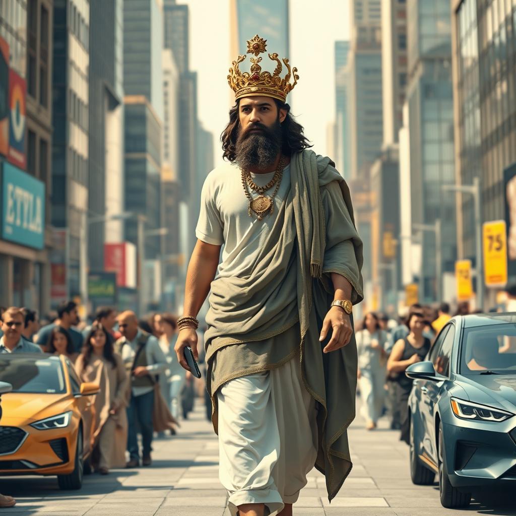 Cyrus the Great in a modern, bustling urban environment, dressed in contemporary clothing with elements of his historical attire, such as a cloak and a regal crown