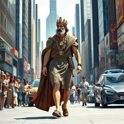 Cyrus the Great in a modern, bustling urban environment, dressed in contemporary clothing with elements of his historical attire, such as a cloak and a regal crown