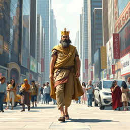 Cyrus the Great in a modern, bustling urban environment, dressed in contemporary clothing with elements of his historical attire, such as a cloak and a regal crown