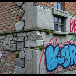 A highly detailed and photorealistic texture map for a building in a CG environment, showcasing various elements such as weathered bricks, cracked stone, aged concrete, and vibrant graffiti