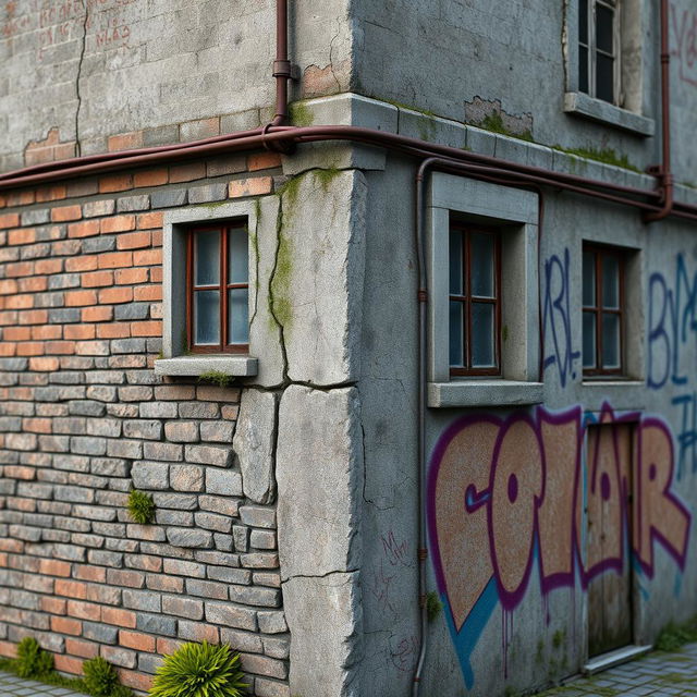 A highly detailed and photorealistic texture map for a building in a CG environment, showcasing various elements such as weathered bricks, cracked stone, aged concrete, and vibrant graffiti