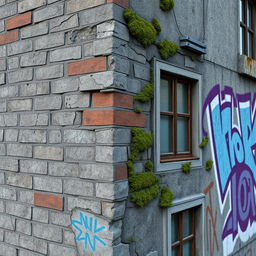 A highly detailed and photorealistic texture map for a building in a CG environment, showcasing various elements such as weathered bricks, cracked stone, aged concrete, and vibrant graffiti