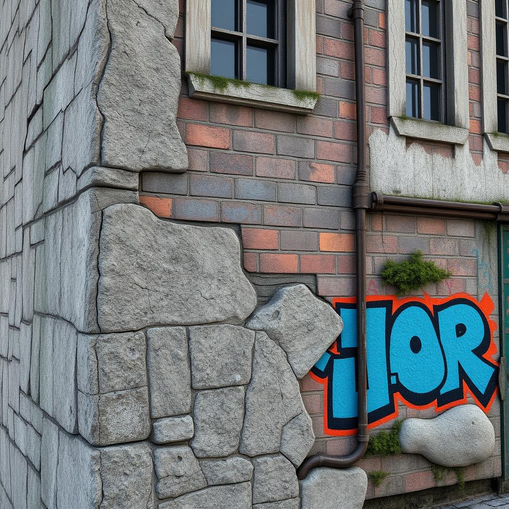 A highly detailed and photorealistic texture map for a building in a CG environment, showcasing various elements such as weathered bricks, cracked stone, aged concrete, and vibrant graffiti