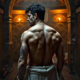 A 42-year-old human warrior standing in a medieval-style hammam bathhouse