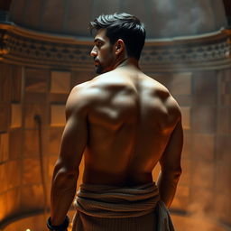 A 42-year-old human warrior standing in a medieval-style hammam bathhouse