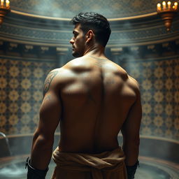 A 42-year-old human warrior standing in a medieval-style hammam bathhouse