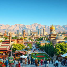 A vibrant depiction of Tehran as a flourishing cultural and architectural hub, showcasing traditional Persian architecture alongside modern buildings, all set against a backdrop of majestic mountains