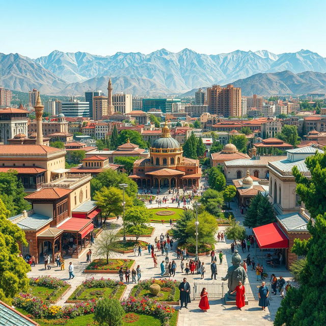 A vibrant depiction of Tehran as a flourishing cultural and architectural hub, showcasing traditional Persian architecture alongside modern buildings, all set against a backdrop of majestic mountains