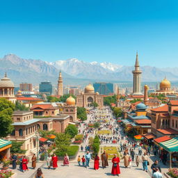 A vibrant depiction of Tehran as a flourishing cultural and architectural hub, showcasing traditional Persian architecture alongside modern buildings, all set against a backdrop of majestic mountains
