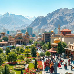 A vibrant depiction of Tehran as a flourishing cultural and architectural hub, showcasing traditional Persian architecture alongside modern buildings, all set against a backdrop of majestic mountains