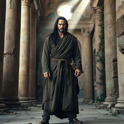 A medieval warrior monk resembling Keanu Reeves, standing proud on the floor of a ruined ancient monastic temple