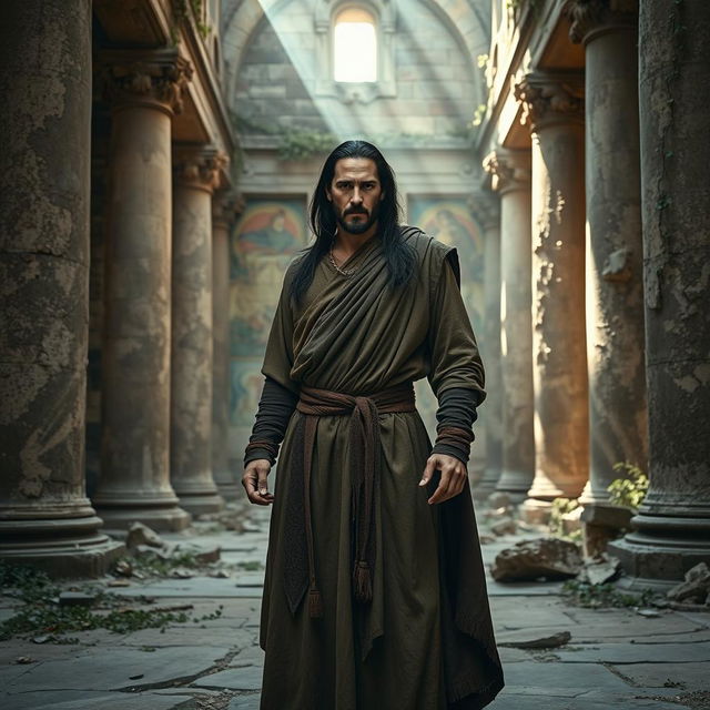 A medieval warrior monk resembling Keanu Reeves, standing proud on the floor of a ruined ancient monastic temple