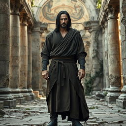 A medieval warrior monk resembling Keanu Reeves, standing proud on the floor of a ruined ancient monastic temple