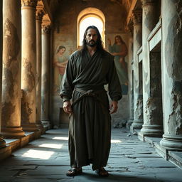 A proud medieval warrior monk resembling Keanu Reeves stands confidently on the floor of a ruined ancient monastic temple