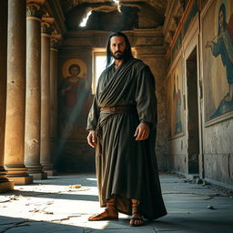 A proud medieval warrior monk resembling Keanu Reeves stands confidently on the floor of a ruined ancient monastic temple