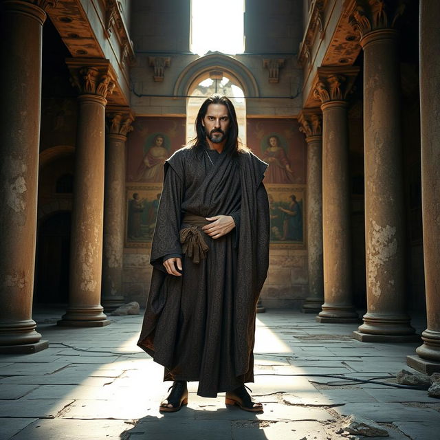 A proud medieval warrior monk resembling Keanu Reeves stands confidently on the floor of a ruined ancient monastic temple